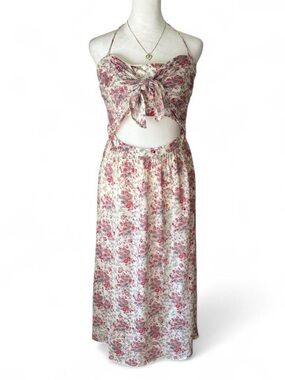 WAYF cream and pink floral halter midi dress with cut out detail fits like small